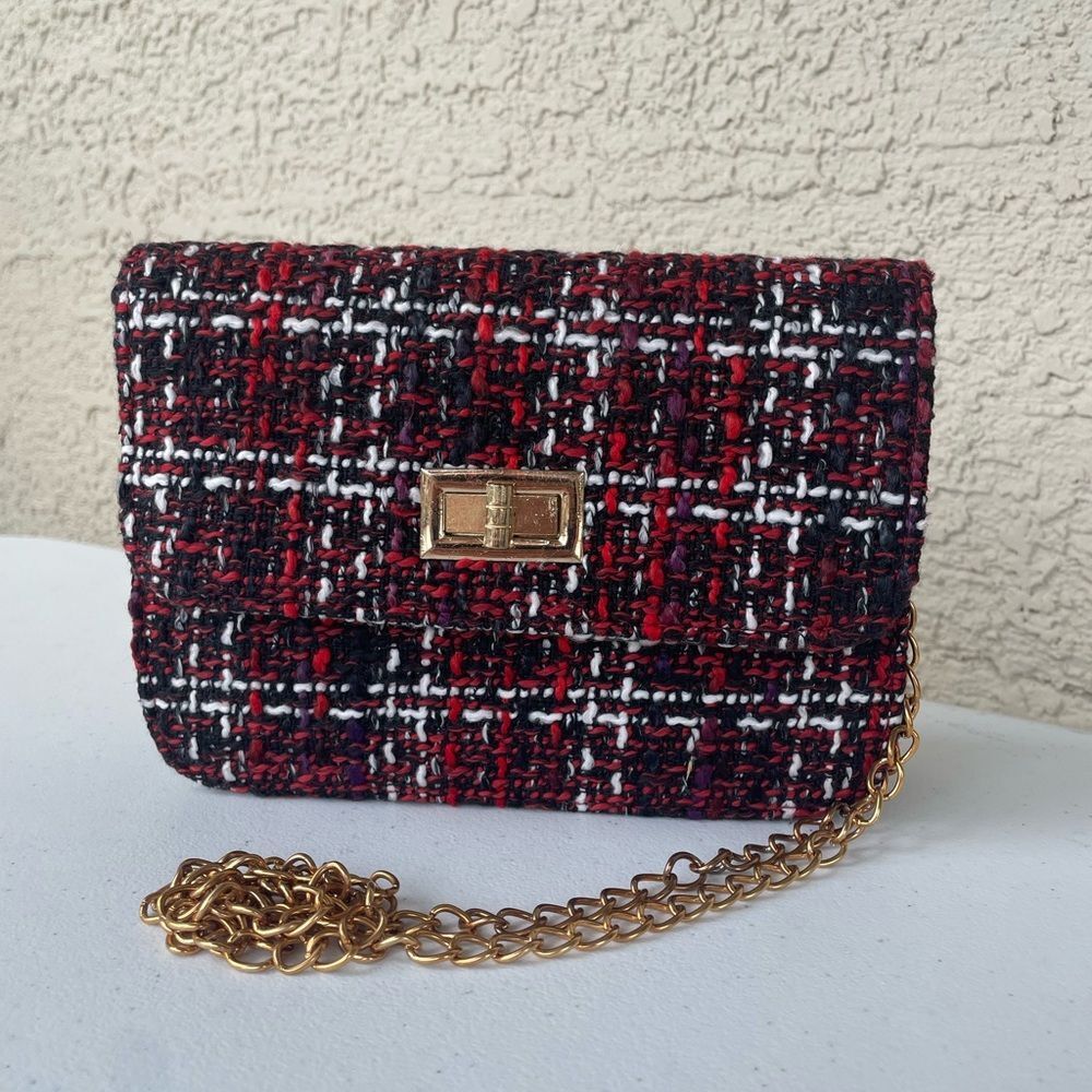 Chic Tweed Crossbody Clutch Bag Red Black White Gold Chain Elegant